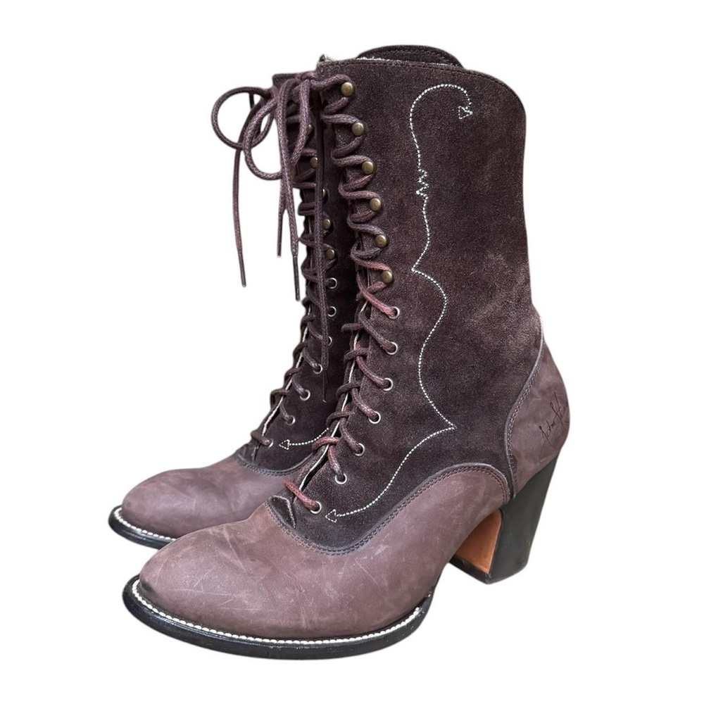 Sold John Fluevog southern gothic brown suede leather lace up boots Sz 9
